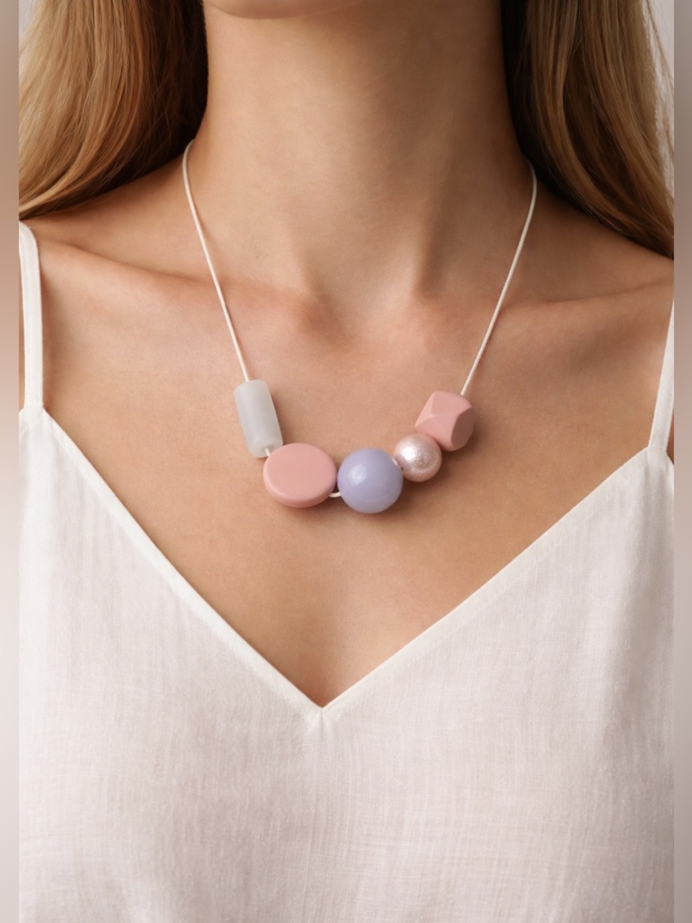 Pastel Geometric statement Wood and resin beads. Adjustable strap